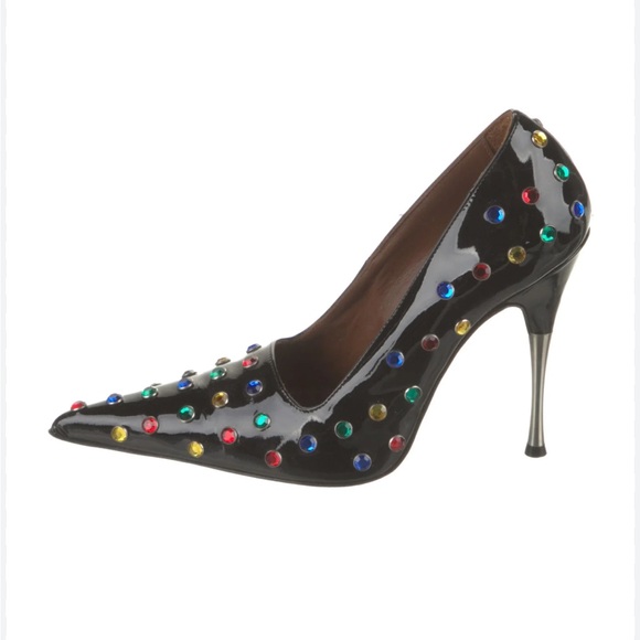 AREA Shoes - AREA Black Patent Leather Clear Jeweled Pointed Toe Pumps